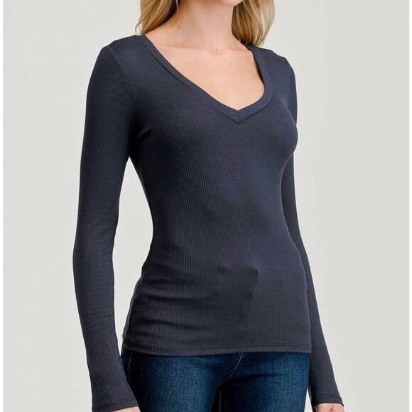NEW HASHTAG v-neck ribbed long sleeve knit top in navy - Picture 2 of 2